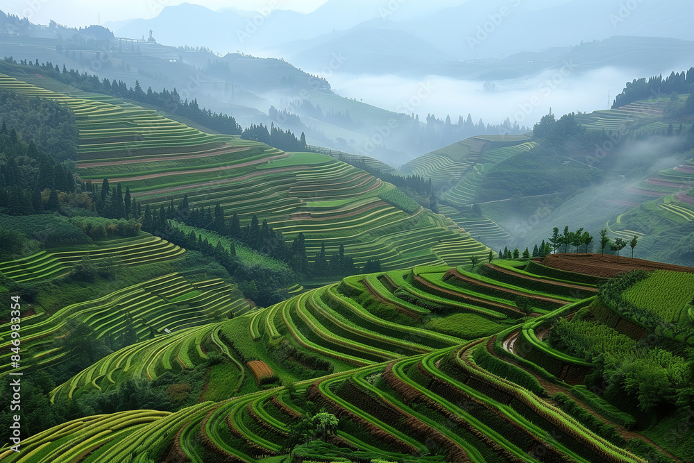 Misty Morning Over the Verdant Rice Terraces in a Mountainous Region