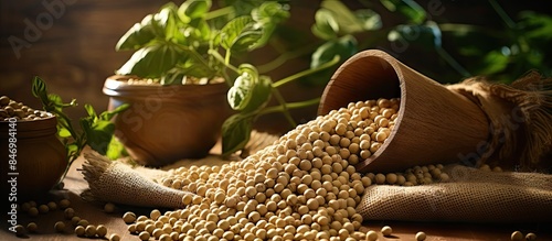 Wooden bowl contains soybea...