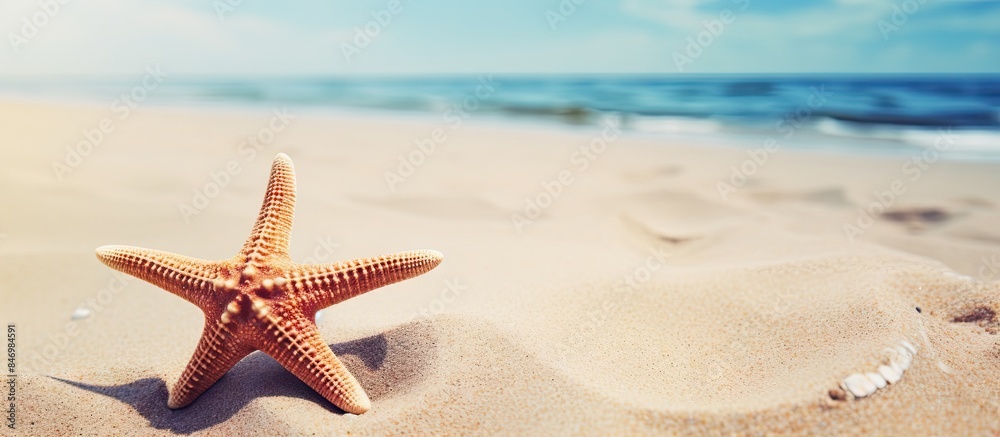Starfish resting on the golden sand of a peaceful beach under the clear sky. with copy space image. Place for adding text or design Starfish resting on the golden sand of a peaceful beach under the clear sky. with copy space image. Place for adding text or design