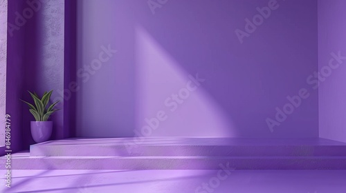 A purple room with a plant in a pot