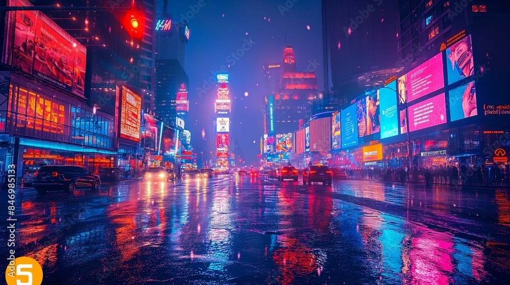 Naklejka premium Futuristic Cyberpunk-Inspired Night Cityscape with Neon Lights and Holographic Advertisements Glowing Brightly, Captured with a Wide-Angle Lens and Cool Color Palette Evoking Mystery and Intrigue