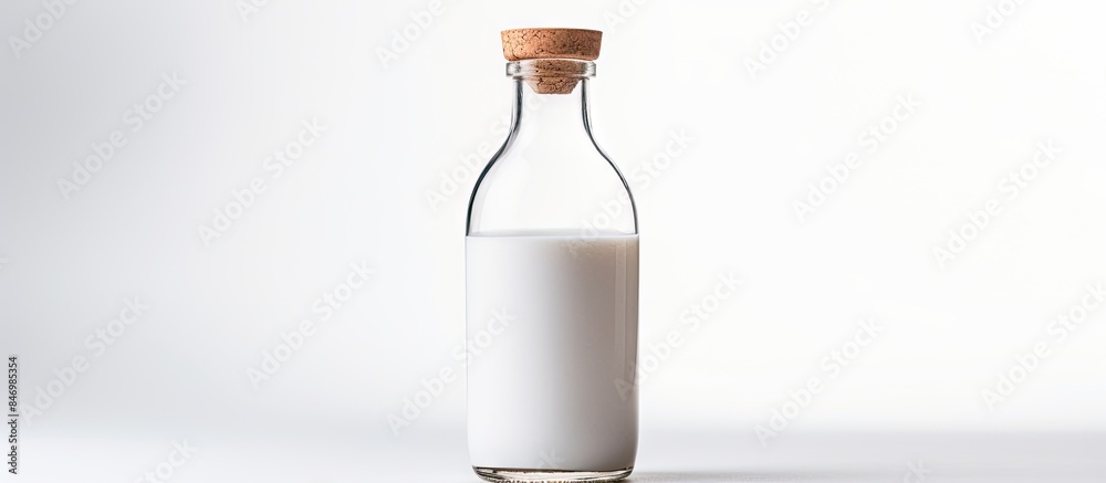 Close-up view of a bottle of milk featuring a cork stopper. with copy space image. Place for adding text or design Close-up view of a bottle of milk featuring a cork stopper. with copy space image. Place for adding text or design