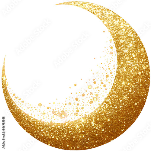 Gold glitter crescent moon shiny sparking, golden moon glittering isolated transparent background