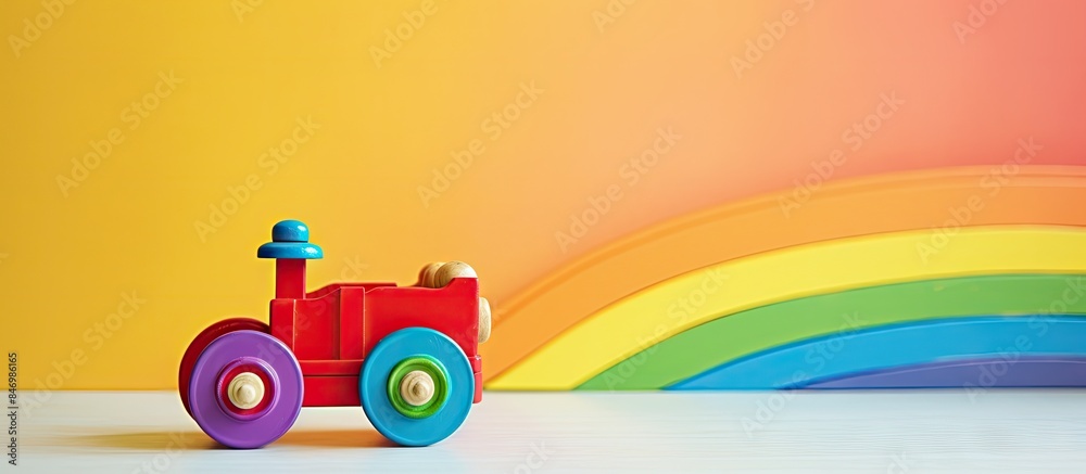 Obraz premium Colorful toy train displayed against white background juxtaposed with vibrant rainbow colors. with copy space image. Place for adding text or design