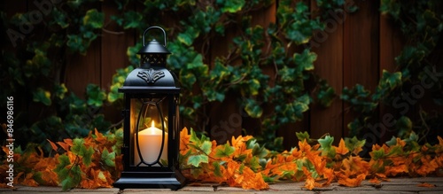 Lantern with lit candle pla...