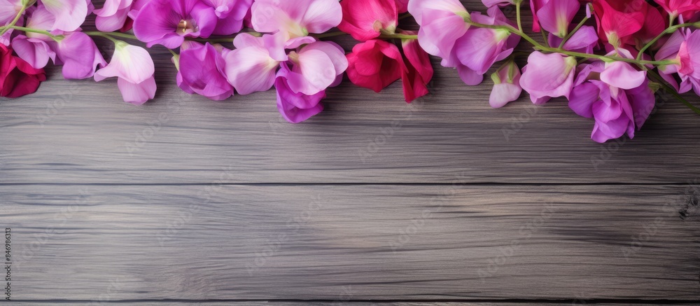 Pink and purple sweet pea Lathyrus odoratus flowers displayed vertically on a gray painted wood backdrop, providing space for text. with copy space image. Place for adding text or design Pink and purple sweet pea Lathyrus odoratus flowers displayed vertically on a gray painted wood backdrop, providing space for text. with copy space image. Place for adding text or design