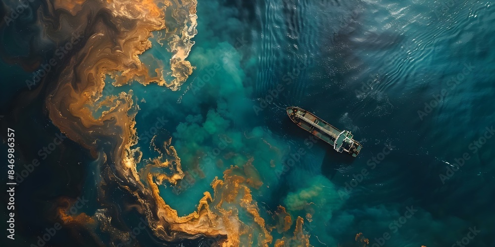 Aerial Perspective of Ocean Pollution Resulting from an Oil Spill Disaster. Concept Environmental Impact, Oil Spill Consequences, Aerial Photography, Marine Pollution, Ocean Conservation Aerial Perspective of Ocean Pollution Resulting from an Oil Spill Disaster. Concept Environmental Impact, Oil Spill Consequences, Aerial Photography, Marine Pollution, Ocean Conservation
