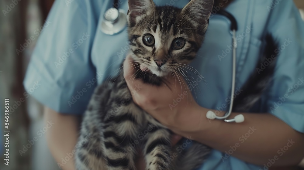 A female veterinarian or nurse holding a cute adorable cat in her hands at a vet clinic : Generative AI A female veterinarian or nurse holding a cute adorable cat in her hands at a vet clinic : Generative AI