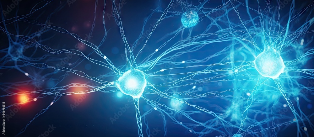 Detailed view of interconnected blue and red neurons, microscopic image showing brain cells. with copy space image. Place for adding text or design Detailed view of interconnected blue and red neurons, microscopic image showing brain cells. with copy space image. Place for adding text or design