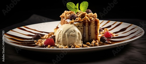 Luxurious chef's creation of baked caramel cake served with ice cream, chocolate, and nuts. with copy space image. Place for adding text or design photo