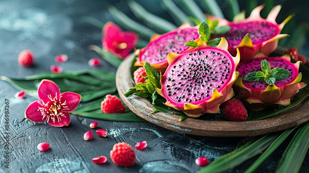 Exotic fruit salad served in half a dragon fruit on palm leaves with tropical flowers Exotic fruit salad served in half a dragon fruit on palm leaves with tropical flowers