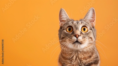 A cat with a surprised expression against an orange background is very cute : Generative AI