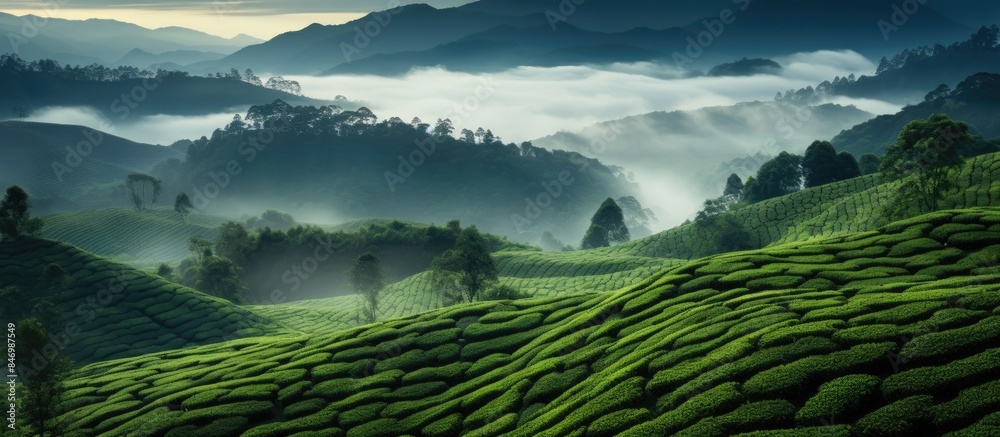 Scenic view of a lush tea plantation set against the highlands backdrop. with copy space image. Place for adding text or design Scenic view of a lush tea plantation set against the highlands backdrop. with copy space image. Place for adding text or design