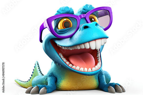 the Komodo dragon laughs wide with glasses, on a white background