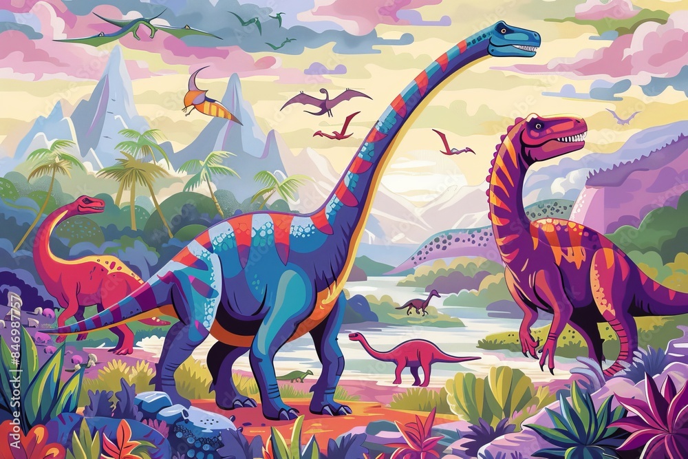 Naklejka premium dinosaur background with colorful dinosaurs and prehistoric landscape