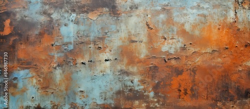 Rough metal texture covered in rust with remnants of paint against a background of clear blue sky. with copy space image. Place for adding text or design © vxnaghiyev