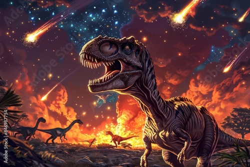 Fototapeta Naklejka Na Ścianę i Meble -  dinosaur background with dinosaurs and sparkling meteor showers
