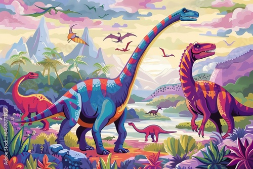 Fototapeta Naklejka Na Ścianę i Meble -  dinosaur background with colorful dinosaurs and prehistoric landscape