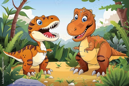 dinosaur background with cartoon TRex and Brontosaurus