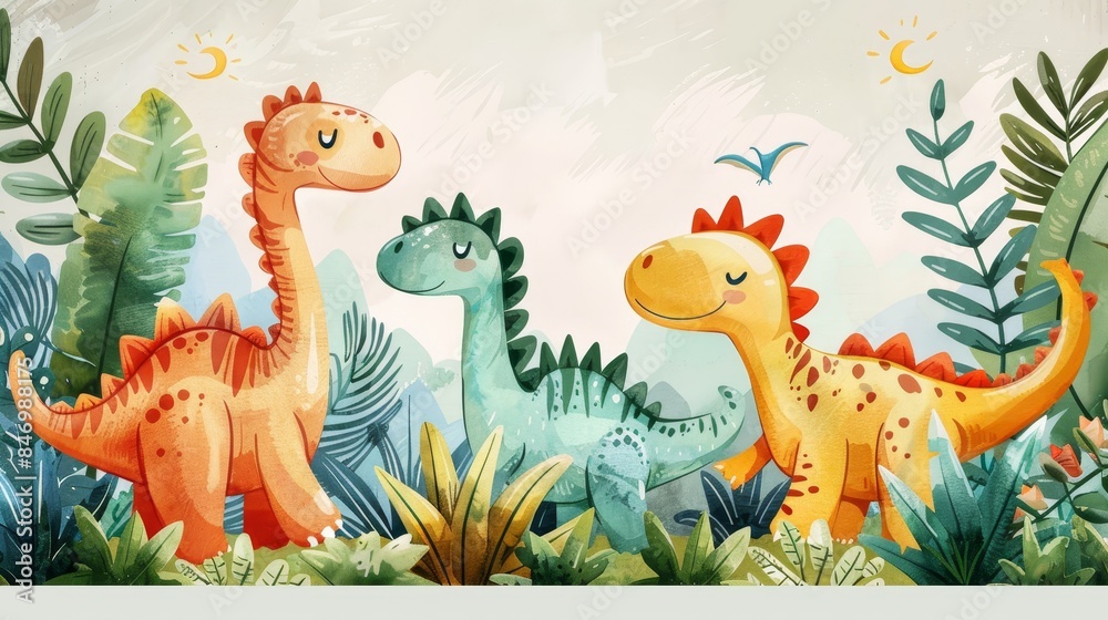 Obraz premium cute dinosaur background with baby dinosaurs and tropical plants