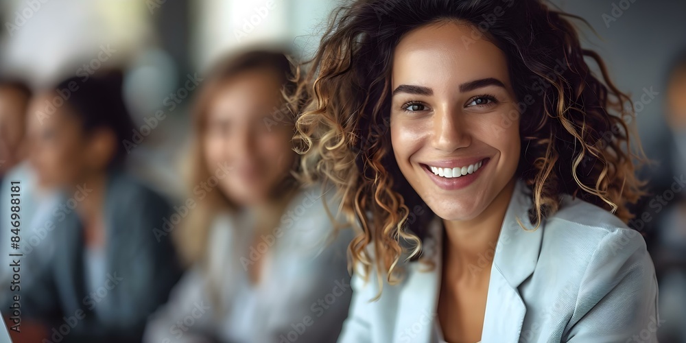 Confident businesswoman in blazer and white shirt smiling during meeting with colleagues. Concept Professional Attire, Office Environment, Team Collaboration, Workplace Culture, Business Success Confident businesswoman in blazer and white shirt smiling during meeting with colleagues. Concept Professional Attire, Office Environment, Team Collaboration, Workplace Culture, Business Success