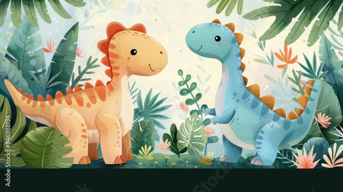 Fototapeta Naklejka Na Ścianę i Meble -  cute dinosaur background with baby dinosaurs and tropical plants