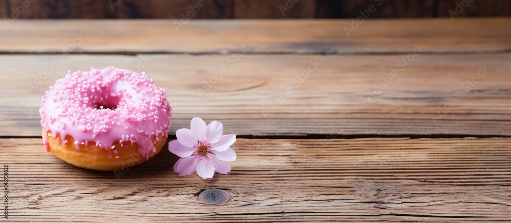 Pink frosted donut with a delicate flower decoration placed on a rustic wooden surface. with copy space image. Place for adding text or design Pink frosted donut with a delicate flower decoration placed on a rustic wooden surface. with copy space image. Place for adding text or design