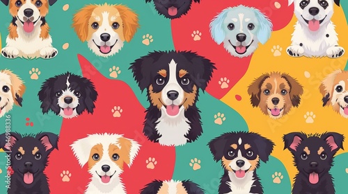 colorful dog background with cartoon dogs and paw prints