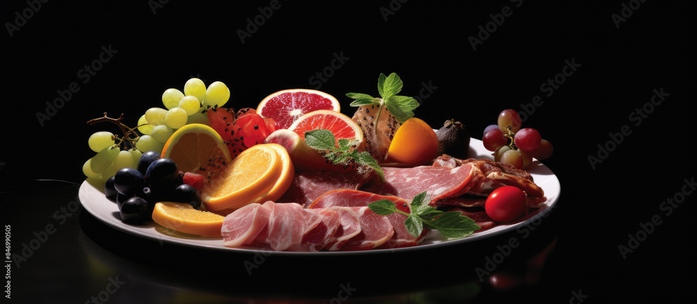 Plate showcasing a variety of fruits and meats in a close-up view on a table. with copy space image. Place for adding text or design Plate showcasing a variety of fruits and meats in a close-up view on a table. with copy space image. Place for adding text or design