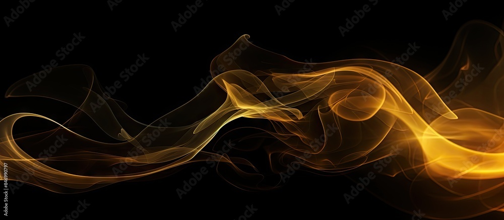 Obraz premium Gold smoke swirling dynamically on a solid black background creating an abstract and captivating visual. with copy space image. Place for adding text or design