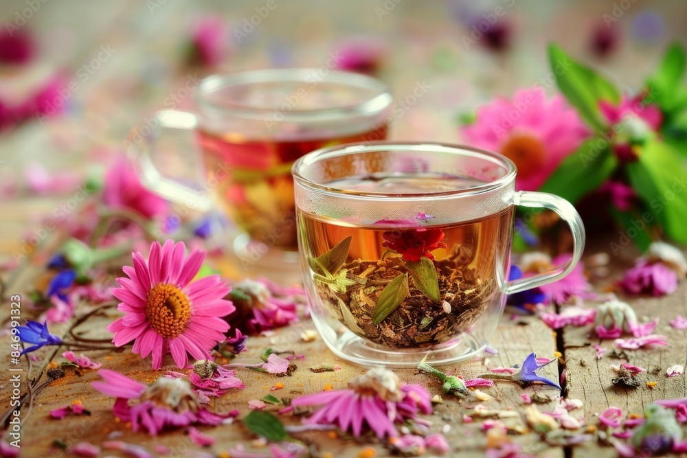 Transparent glass cups of herbal tea surrounded by a scattering of vibrant flowers on wood Transparent glass cups of herbal tea surrounded by a scattering of vibrant flowers on wood