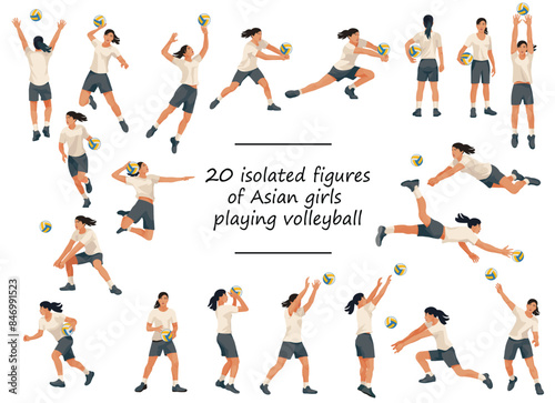 Thai or Japan women's volleyball girl team players in white T-shirts in various poses training, running, jumping, throwing, hitting the ball