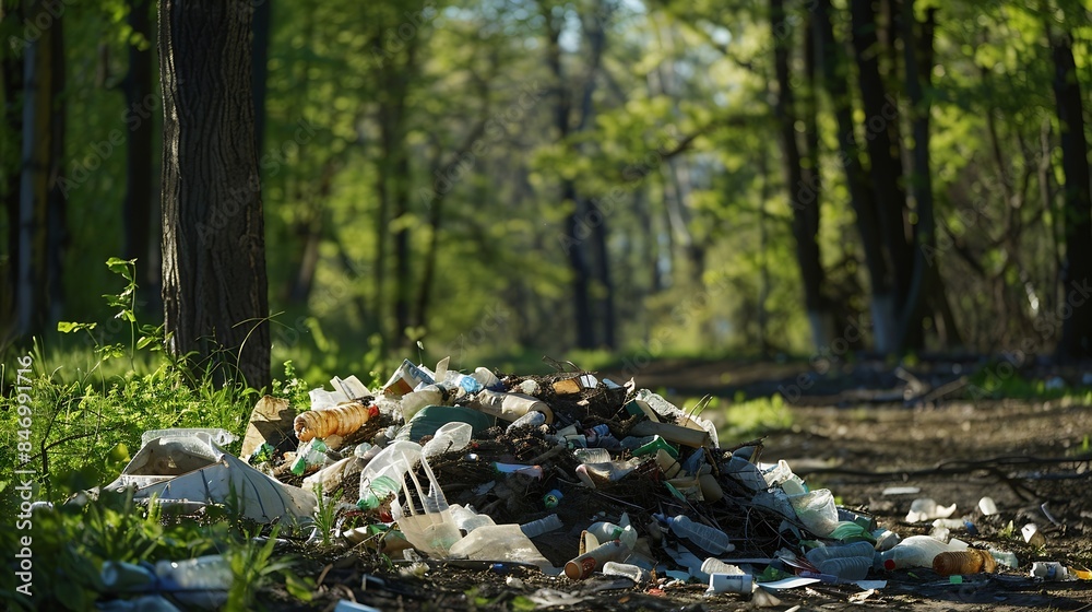 Garbage pile on the countryside Park forest edge on green trees background on a Sunny spring day plastic littering the wildlife with vacationers people in Europe : Generative AI Garbage pile on the countryside Park forest edge on green trees background on a Sunny spring day plastic littering the wildlife with vacationers people in Europe : Generative AI