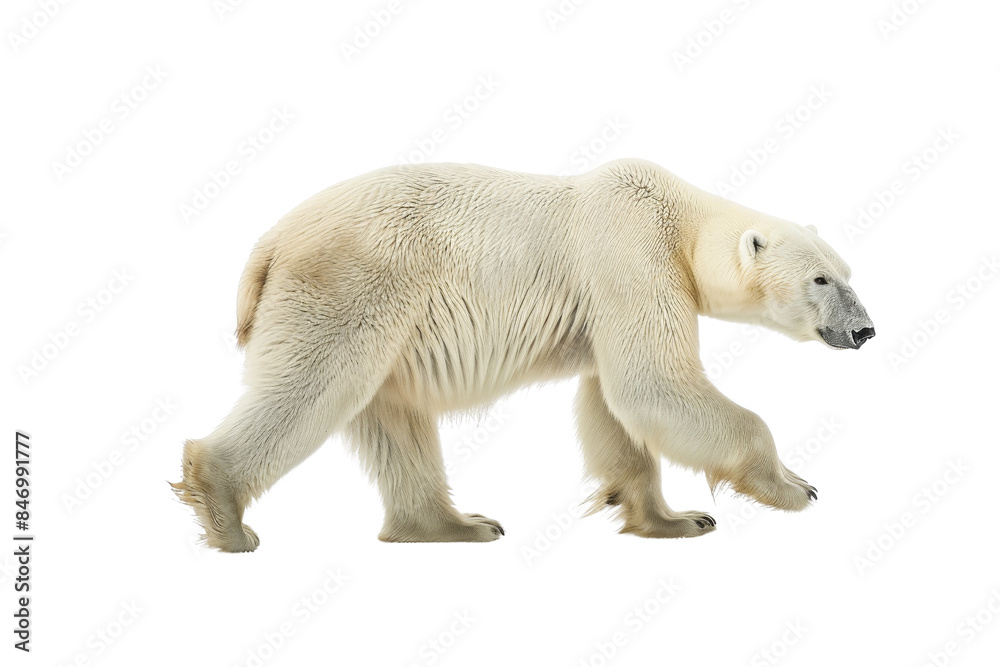 Fototapeta premium A majestic polar bear walking on transparent background. showcasing its powerful build and thick fur, perfect for wildlife and nature-themed projects.