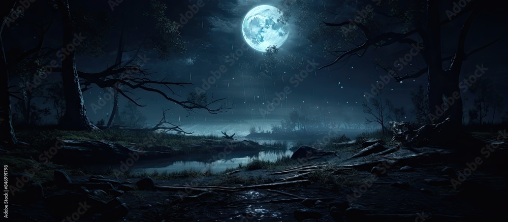 Moon shining bright over a tranquil forest with a gently flowing stream on a serene night. with copy space image. Place for adding text or design Moon shining bright over a tranquil forest with a gently flowing stream on a serene night. with copy space image. Place for adding text or design