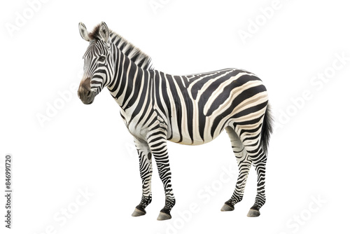 A high-quality image of a zebra standing against a transparent background, highlighting its distinctive black and white stripes.
