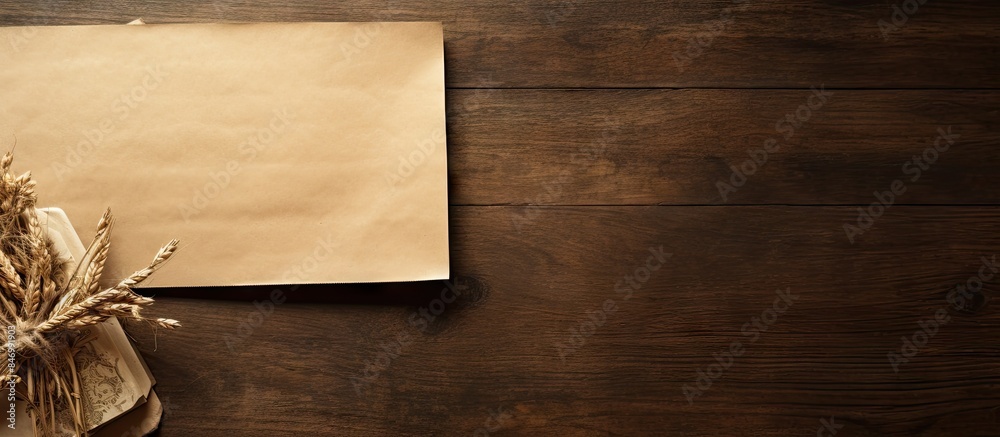A close-up view of a sheet of paper adorned with a plethora of wheat grains, fastened with a clip on a wooden table. with copy space image. Place for adding text or design