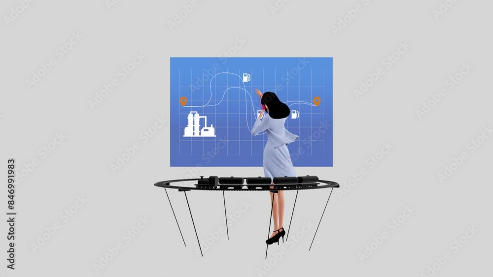 A young female operator on a large screen assigns the station remotely to a freight train carrying tank cars of fuel. A young female operator on a large screen assigns the station remotely to a freight train carrying tank cars of fuel.