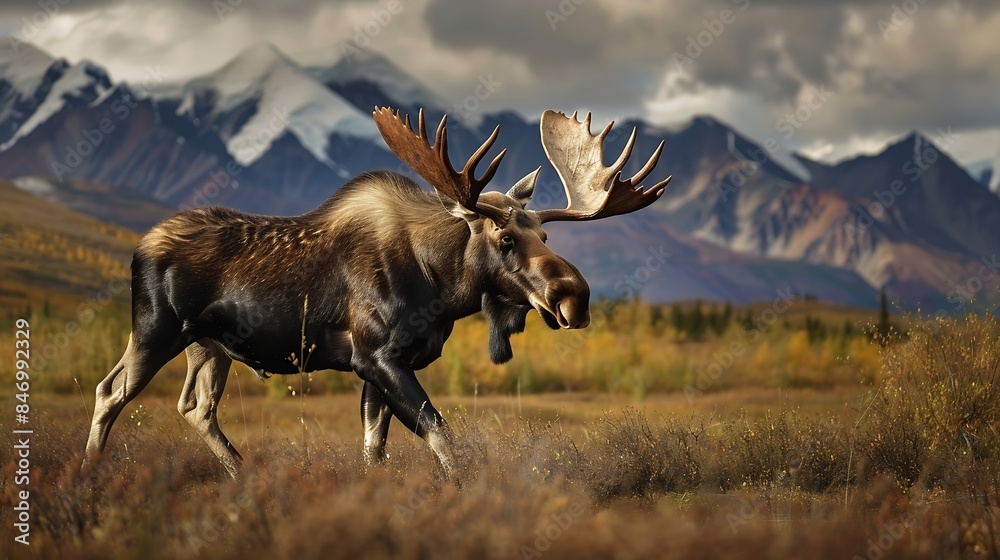 A Bull Moose trekking across the landscape in front of the Alaska Range in the Wonder Lake area of Denali National Park : Generative AI A Bull Moose trekking across the landscape in front of the Alaska Range in the Wonder Lake area of Denali National Park : Generative AI