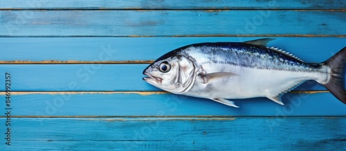 Bluefish Pomatomus saltatrix, a top view of the fresh fish on a blue wooden table with a distinctive black tail. with copy space image. Place for adding text or design photo