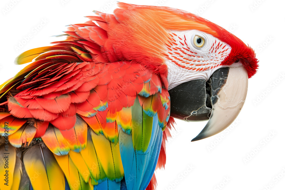 Obraz premium Bright close-up of a colorful parrot, showcasing vivid plumage detail and striking eye, isolated on a transparent background.