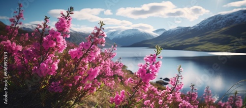 Purple flowers bloom in fro...