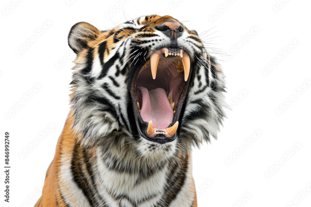 Fototapeta premium Close-up image of a roaring tiger with mouth wide open, displaying sharp teeth and fierce expression. Isolated on transparent background.