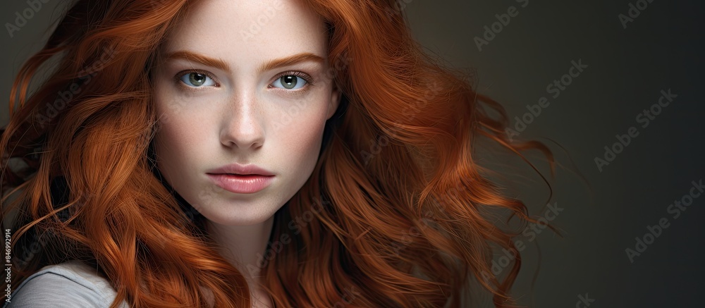 Close-up shot of a woman with ginger hair and white shirt, focusing on her facial features. with copy space image. Place for adding text or design Close-up shot of a woman with ginger hair and white shirt, focusing on her facial features. with copy space image. Place for adding text or design
