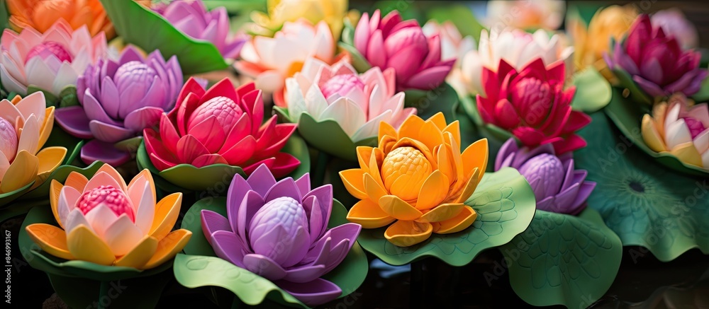 Obraz premium Vibrant flowers in various hues arranged in a vase displayed on a tabletop. with copy space image. Place for adding text or design