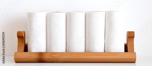 White towels neatly stacked on a holder made of bamboo, providing a clean and organized look. with copy space image. Place for adding text or design