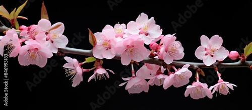 Cluster of delicate pink cherry blossoms on a branch of Prunus verecunda Antiqua Narano Yae Zakura tree. with copy space image. Place for adding text or design photo