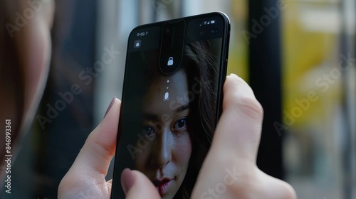 Close-up: The phone screen unlocking with face recognition. photo