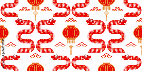 Seamless pattern happy chinese new year 2025 the snake zodiac sign with asian elements paper cut style on color background. ( Translation : happy new year 2024 year of the snake )
