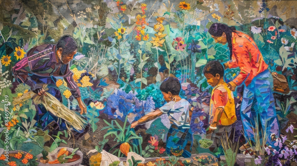 Community Garden: Depict a family from an Alaska Native tribe working together in a community garden, with vibrant colors and natural interactions.